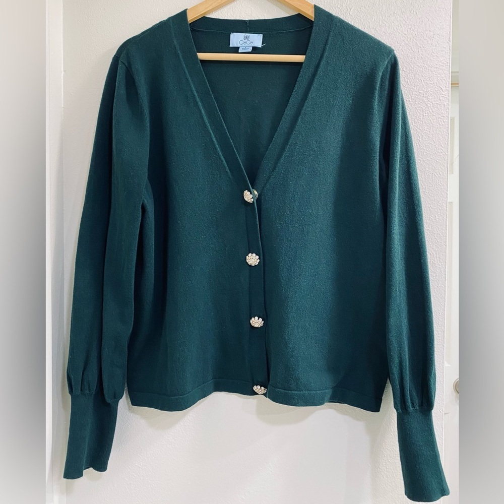 CeCe Green Cardigan with Rhinestone Buttons Large